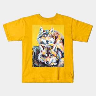 Oil wolf portrait painting in multicolored tones Kids T-Shirt